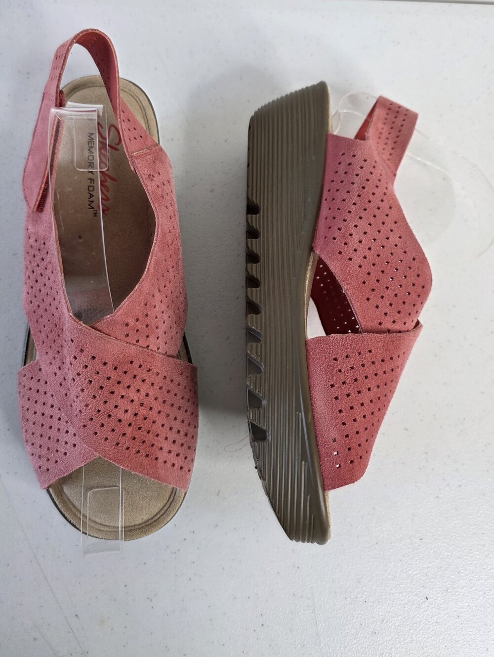 Skechers Petite Parallel-Plot Slingback Wedge Suede Perforated Sandal Platform
